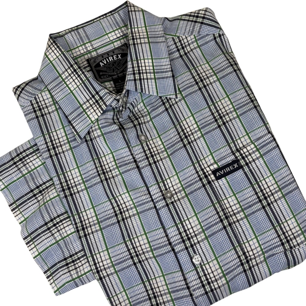 AVIREX Men's Plaid Short-Sleeve Button-Up‎ Shirt Size L 100% Cotton Black Blue